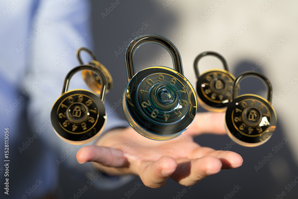 Aufkleber Image of multiple combination locks floating above a hand, symbolizing data security and protection.