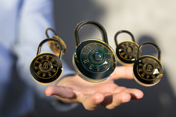 Image of multiple combination locks floating above a hand, symbolizing data security and protection.