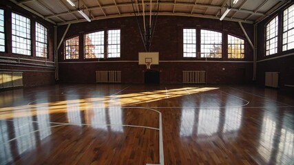 Empty vintage-style gym with polished wooden floor and basketball hoop, captured in natural window light, symbolizing nostalgia, physical education, and classic athletic environment - Powered by Adobe