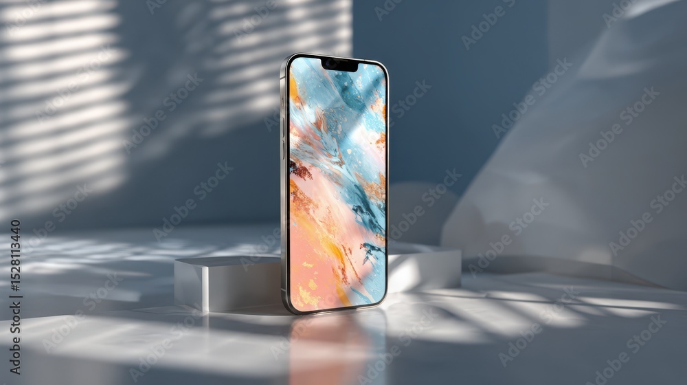 Poster modern smartphone displaying abstract art on white minimalist background sunlight streams through wi
