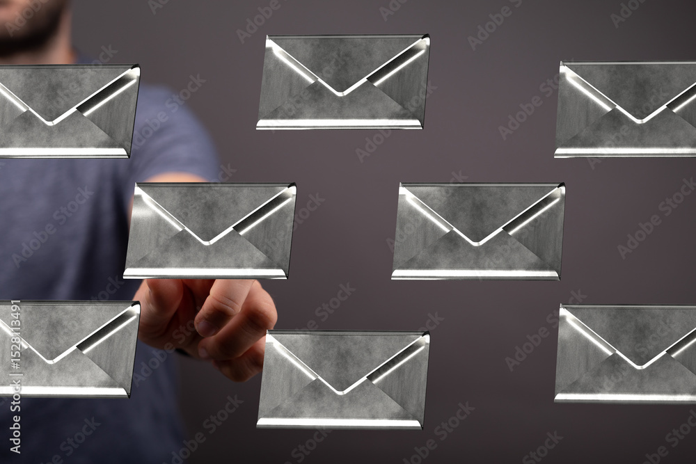 Poster Hand selecting an email from a digital inbox, showcasing email management and communication.