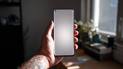 Man's Hand Holding Smartphone with Blank Screen in a Sunny Room A perfect mockup for app presentation