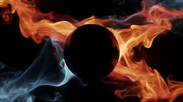 A dynamic 3D animated logo reveal with a fire and ice theme. Blue icy smoke swirls in from the right, and fiery red-orange smoke enters from the left.
