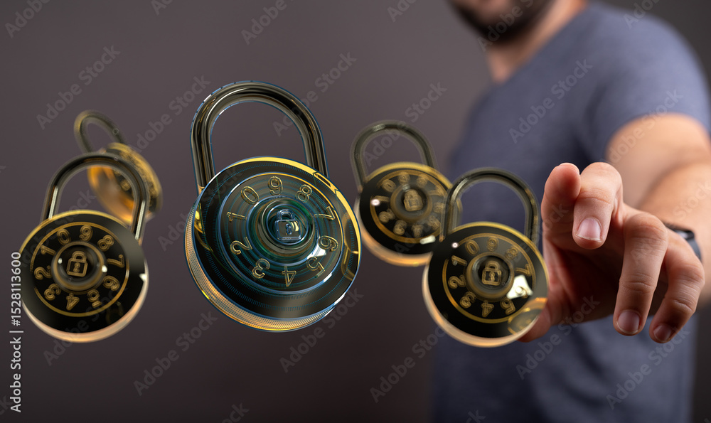 Poster Secure your data with strong passwords and encryption.  Image depicts combination locks representing digital security.