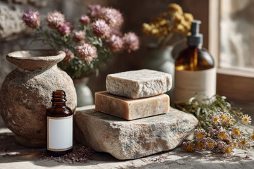 Handmade Organic Soaps on Natural Stone with Flowers and Herbal Bottles in Earthy Display