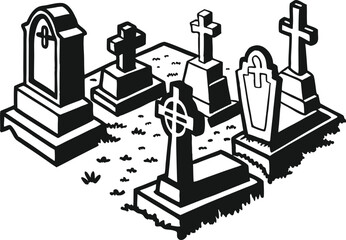 Naklejka premium Black and White Cemetery Illustration with Gravestones and Crosses