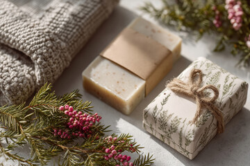 Handmade Organic Soaps Displayed Elegantly with Natural Elements for a Creative Touch