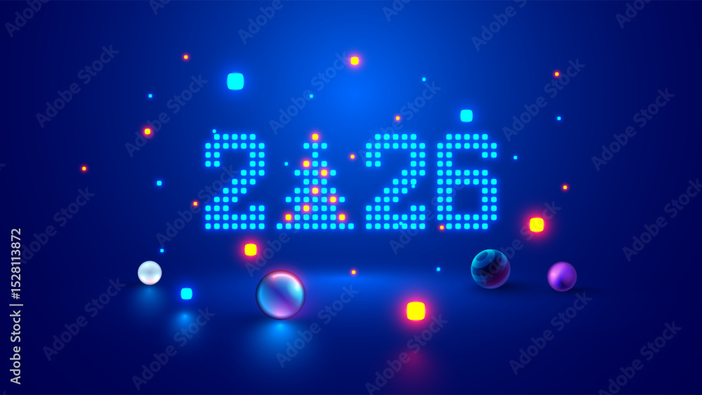 Poster 2026 digits, christmas tree consist glowing pixels in technology style on blue background. new year 