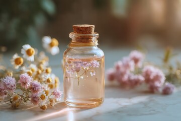 Close-Up Shot of an Organic Beauty Serum in a Bottle with Dried Flowers and Soft Lighting