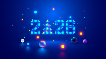 2026 digits, Christmas tree consist glowing pixels in technology style on blue background. New Year card or digital tech calendar poster. Logo of 2026 year hanging over reflection polished surface.