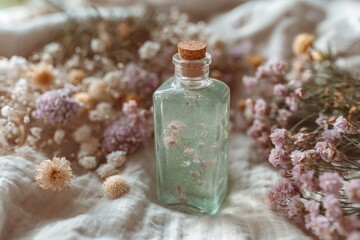 Close-Up Shot of Organic Beauty Serum Bottle Surrounded by Dried Flowers on Soft Fabric