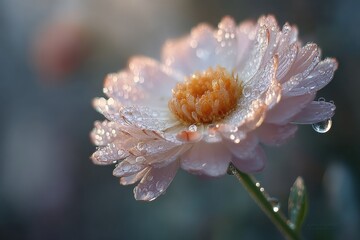 Dew Drenched Petals of a Delicate Flower Captured in Close Up with Bright Light and Details