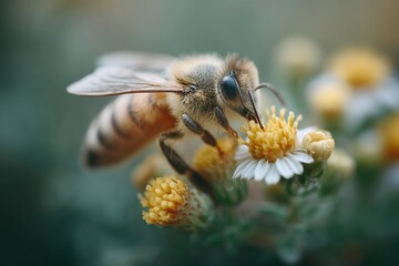 Close-Up of Honeybee Pollinating a Sunflower in High Fidelity Gigapixel Image Detail