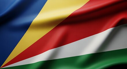 Fototapeta premium Waving flag of Seychelles, featuring blue, yellow, red, white, and green colors in a dynamic, rippling pattern.