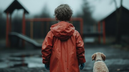 A young child dressed in a bright orange raincoat stands in a misty playground, accompanied by a fluffy dog, conveying themes of innocence and companionship in the rain.