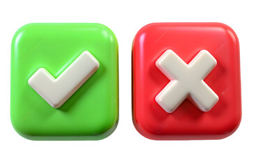 Fototapeta premium 3D Green Check Mark and Red Cross Icon Set – Approval and Error Symbols for UI, Web, and App Design