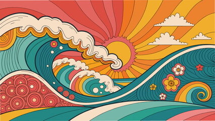  Colorful psychedelic retro waves and sun with flowers in bright style