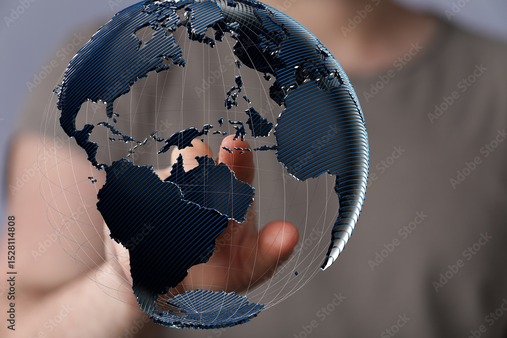 Poster high-quality stock photo of a hand interacting with a digital globe, representing global connectivit