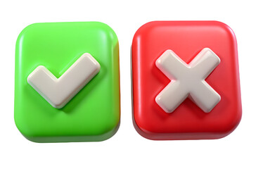 Obraz premium 3D Green Check Mark and Red Cross Icon Set – Approval and Error Symbols for UI, Web, and App Design