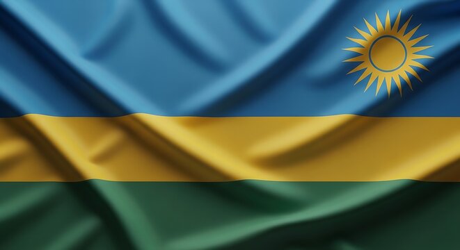 A close-up view of the Rwandan flag, with vibrant colors and flowing fabric.
