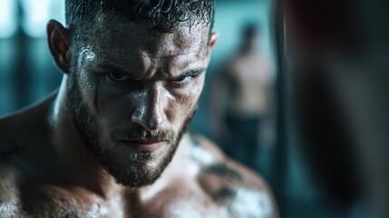 This striking image captures a determined male athlete with sweat on his face, illustrating focus and intensity during a vigorous training session in a gym.