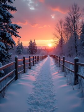 Winter sunset, snowy path, wooden fence, tranquil scene, nature wallpaper
