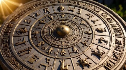 Intricate bronze Zodiac wheel featuring animal symbols and ornate carvings for astrological study, ancient mystery, or esoteric themes. - Powered by Adobe