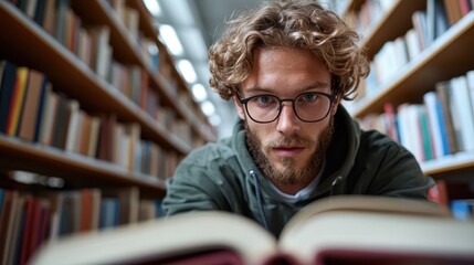 A young man with curly hair and glasses deeply engaged in reading a book, surrounded by shelves of books, showcasing the pursuit of knowledge and education in a library.
