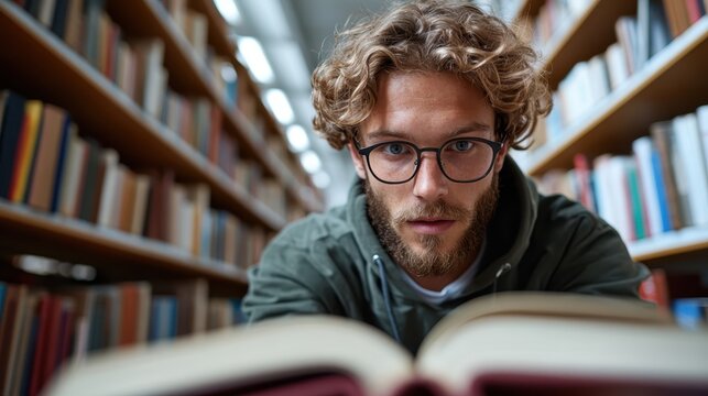 A young man with curly hair and glasses deeply engaged in reading a book, surrounded by shelves of books, showcasing the pursuit of knowledge and education in a library.