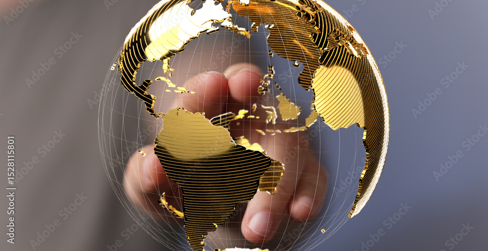 Aufkleber Abstract image of a hand holding a golden globe, representing global connections and networking.