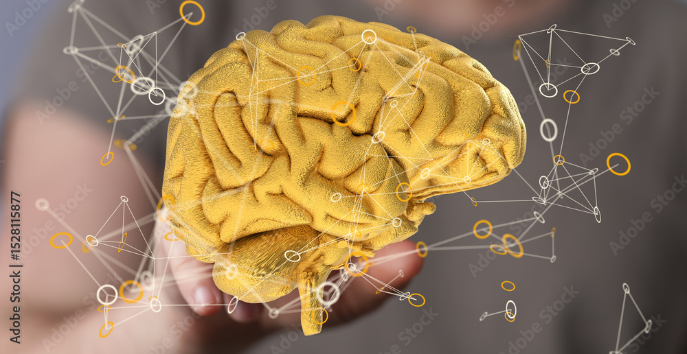 Poster abstract image of a golden brain with network connections, representing ai, intelligence, or innovat