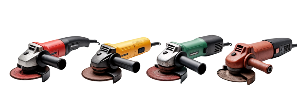 A group of four different types of angle grinders