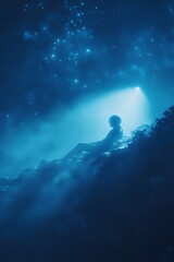 Fototapeta premium Silhouetted Astronaut Amidst Cosmic Fog and Stars