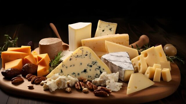 A variety of cheeses displayed on a wooden board. Includes cheddar, blue cheese, brie, and gouda. Accompanied by nuts and herbs for garnish.
