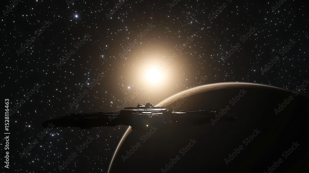 Poster spaceship orbiting a planet in space