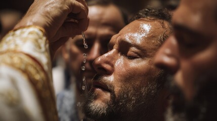 Closeup of a priest sprinkling holy water over a group of worshippers, their eyes closed in deep reverence as they participate in a baptism ritual.