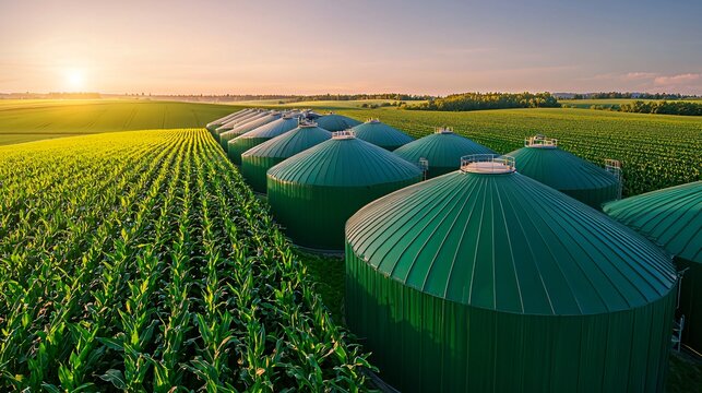 An aerial view of a mixed-use farm where corn stover feedstock conveyors lead to a central biogas dome and solar trackers line the adjacent field rows