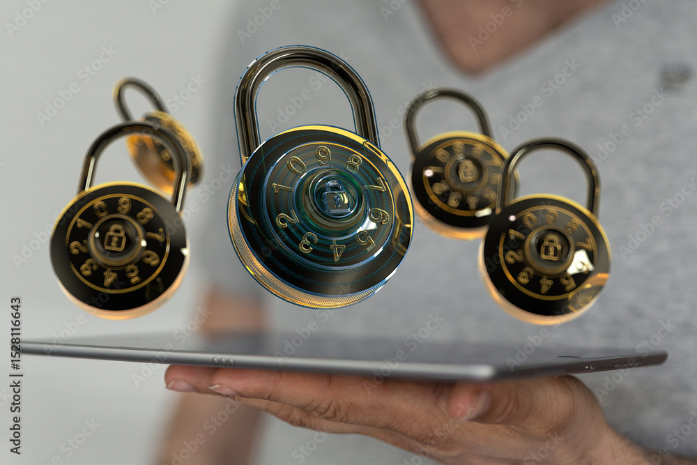 Poster Secure your data.  Image of combination locks hovering above tablet, symbolizing digital security and online safety.