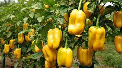 Ripe yellow bell peppers hanging from the plant in a commercial greenhouse, representing local farming, sustainable agriculture, and healthy eating - Powered by Adobe