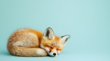 Fototapeta premium Sleepy red fox curled up on a soft blue background in peaceful slumber