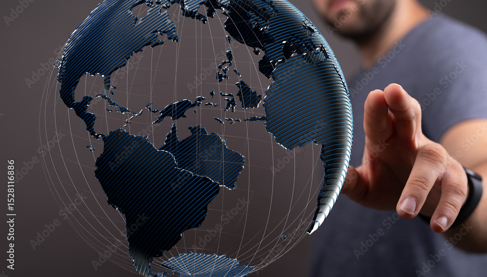 Poster A man interacts with a digital globe, symbolizing global connections and networking.