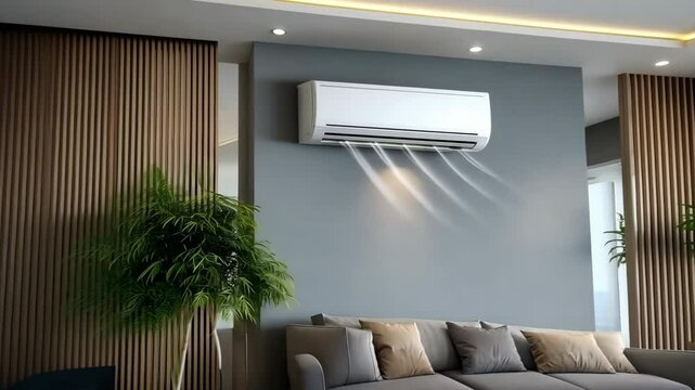 Cooling air conditioner in modern living room setting with plants and stylish decor during daytime