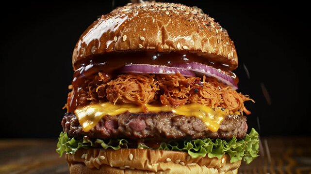 A mouth-watering close-up video of a juicy cheeseburger being freshly served on a dark wooden table with a black background.