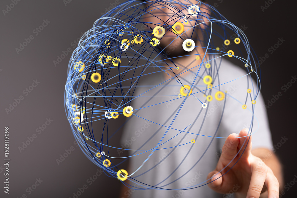 Poster Abstract image of a person interacting with a digital global network.  Perfect for technology, connection, and global concepts.