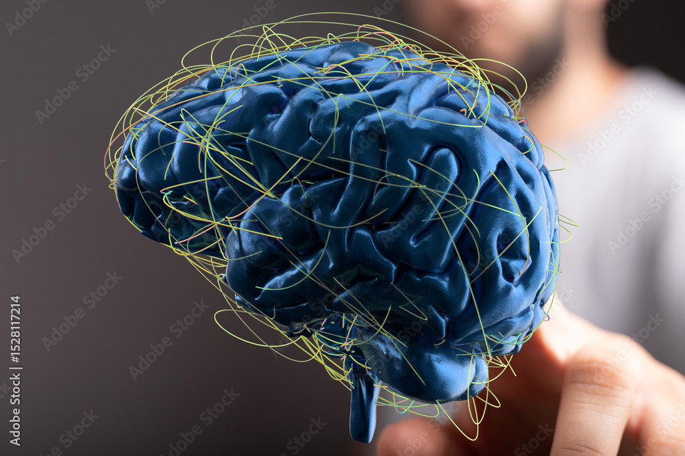 Poster 3D rendering of a human brain with glowing neural pathways, illustrating complex cognitive functions and brain activity.