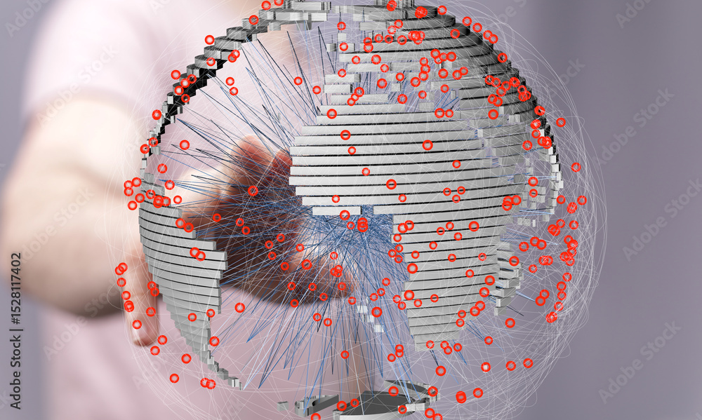 Poster 3D rendering of a global network with data points and connections.  Perfect for technology, communication, and global business concepts.