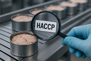 Canned Tuna (Thunnus spp.) HACCP Compliance Verification on Conveyor Belt in Industrial Seafood Inspection Facility with Metal Surface Hygiene and Quality Control Procedures..