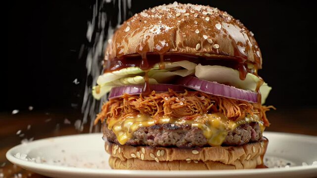 A mouth-watering video of a juicy cheeseburger being freshly served on a dark wooden table with a black background.