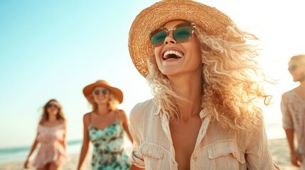 Four cheerful women enjoying a sunny day at the beach, laughing and having fun, capturing the essence of friendship and carefree summer vibes.