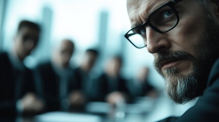 A focused close-up view of a businessman wearing glasses in a corporate meeting, exuding intensity and determination in a professional setting.